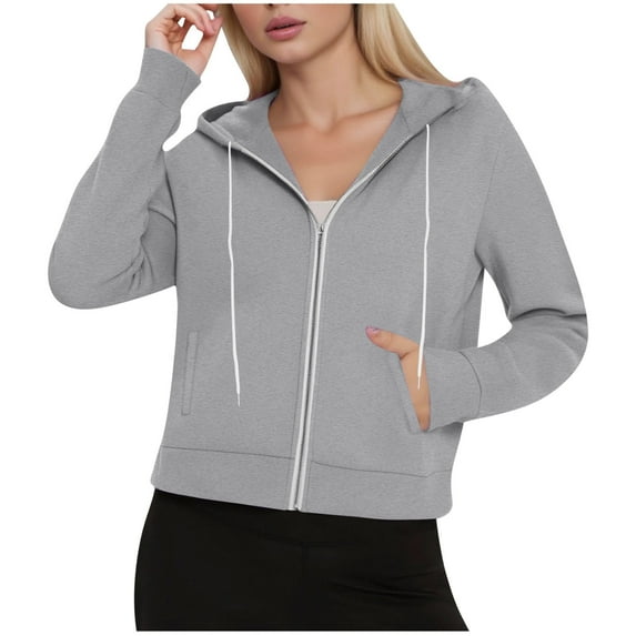 Arnsht Hoodies for Women Fleece Drawstring Zip Up Hoodie Winter Long Sleeve Sweatshirt Short Pullover with Pockets Gray L