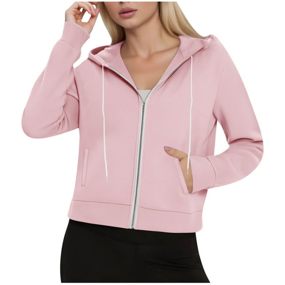 Arnsht Hoodies for Women Fleece Drawstring Zip Up Hoodie Winter Long Sleeve Sweatshirt Short Pullover with Pockets Pink S