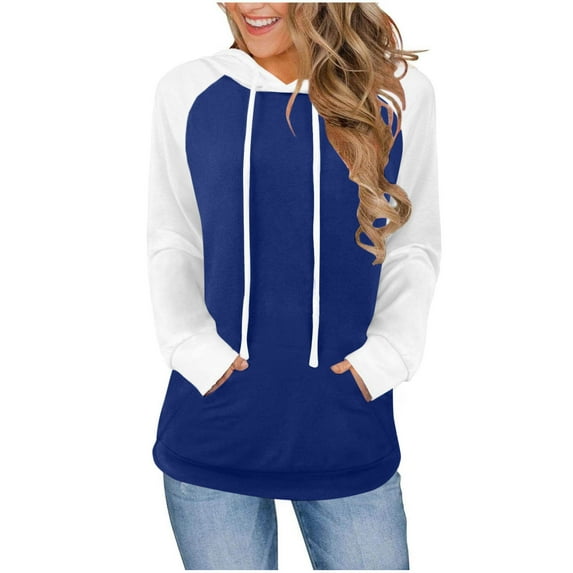 Arnsht Hoodies for Women Lightweight Long Sleeve Sweatshirt Loose Fit Color Block Tunic Tops with Pockets 2025 Trendy Clothes Blue S