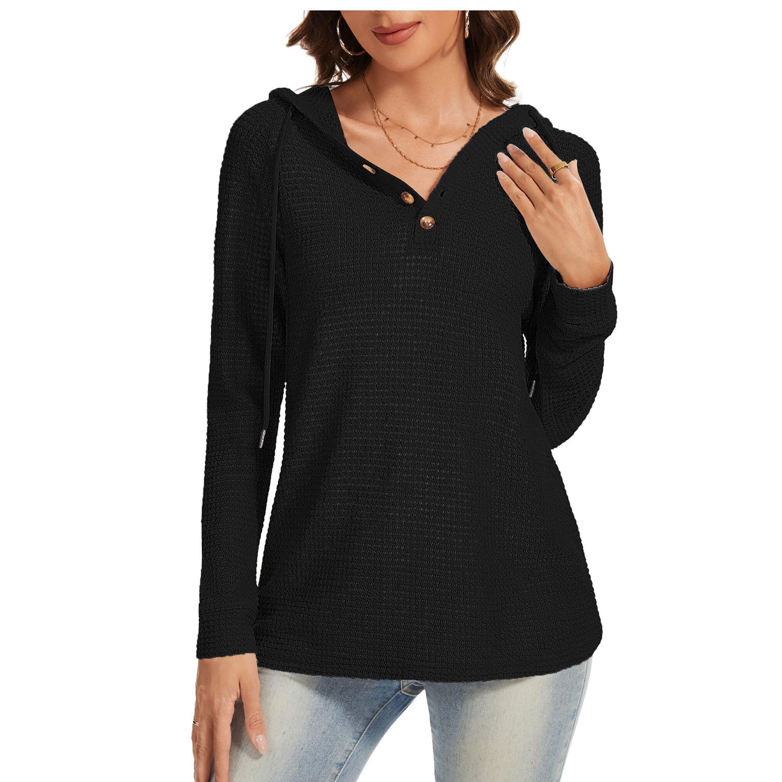Ahdbta Hoodies For Womens Waffle Knit Long Sleeve Drawstring Pullover Sweatshirts Button V Neck Casual Hooded Blouses - View #2