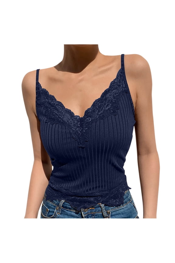 Lace Y2k Tank Tops Fashion Integrated Type Daily Bra Crop Tops Lace Patchwork Cami Ribbed Knitted Tank for Women Navy S