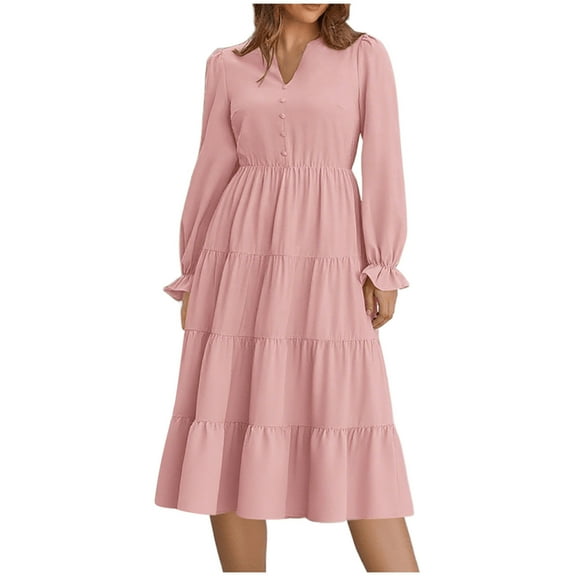 Arnsht Long Sleeve Dress for Women 2025 Spring Fall V Neck Tiered A-line Spring Elegant Modest Flowy Wedding Guest Maxi Dresses Pink L