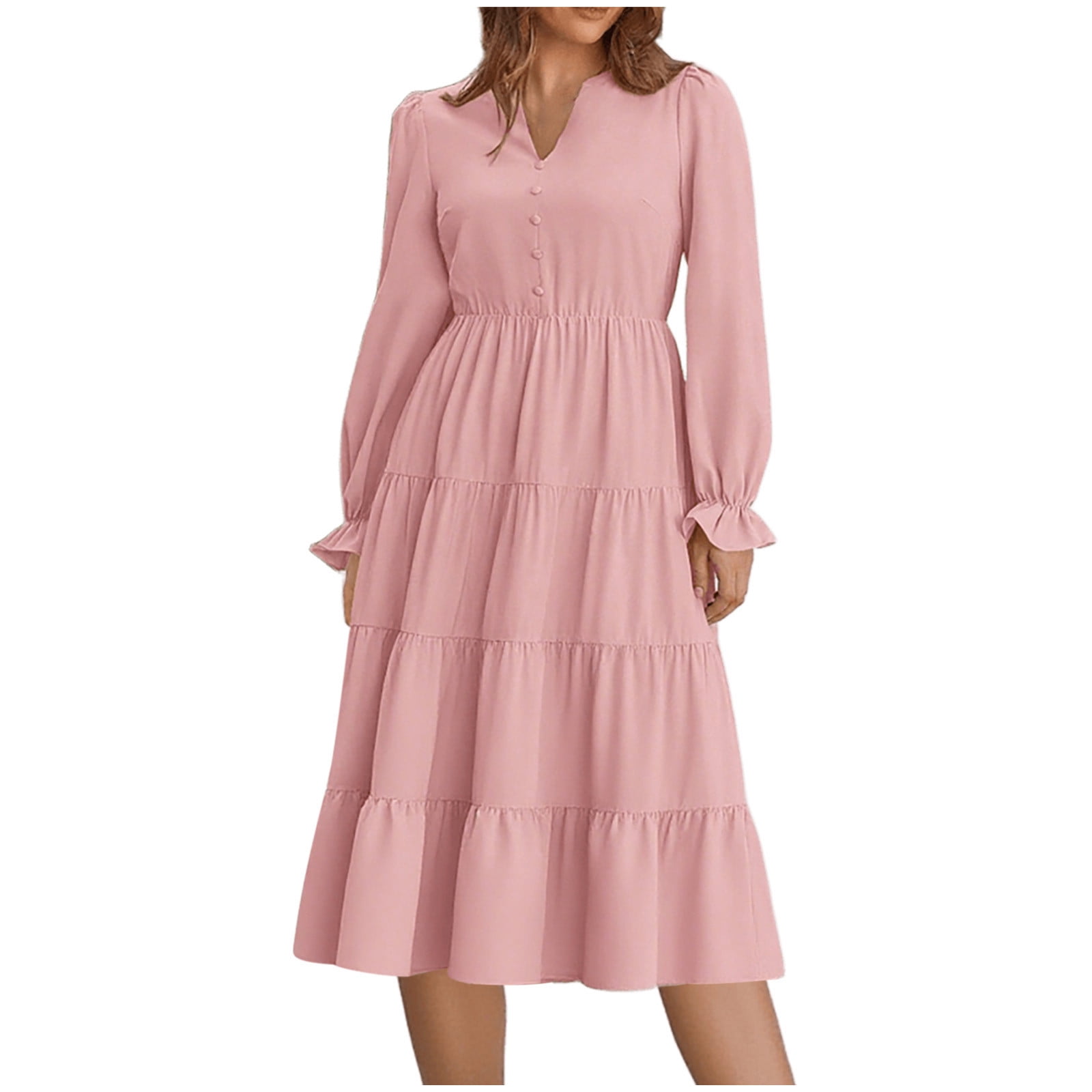 Arnsht Long Sleeve Dress for Women 2025 Spring Fall V Neck Tiered A-line Spring Elegant Modest Flowy Wedding Guest Maxi Dresses Pink XL