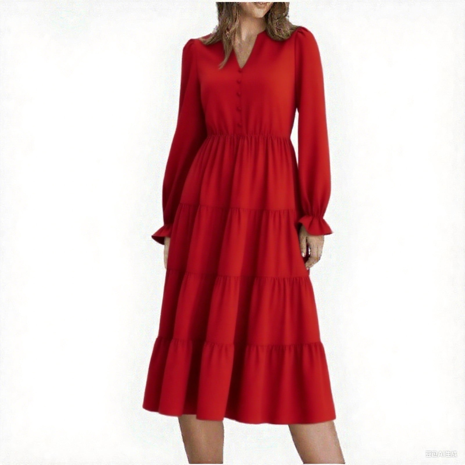 Arnsht Long Sleeve Dress for Women 2025 Spring Fall V Neck Tiered A-line Spring Elegant Modest Flowy Wedding Guest Maxi Dresses Red L
