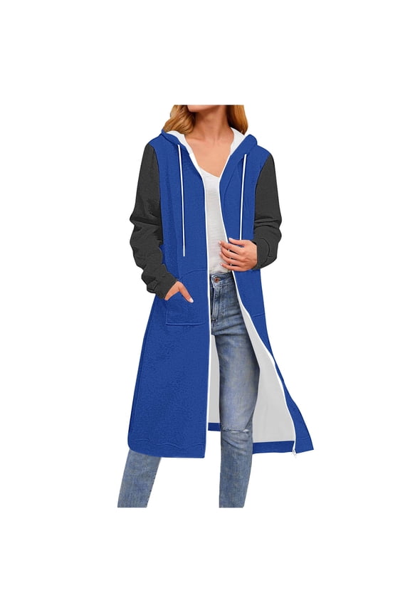 Long Zip Up Hoodie Women Casual Hooded Long Tunic Sweatshirts Y2k Comfort Hoodies Fall Jacket Coat with Pockets Blue S