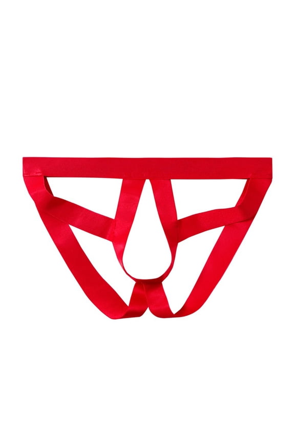 Men Open Front Jockstrap Strappy Hollow Out Underwear Low Rise Double Thong Athletic Support Underpants Red Free Size