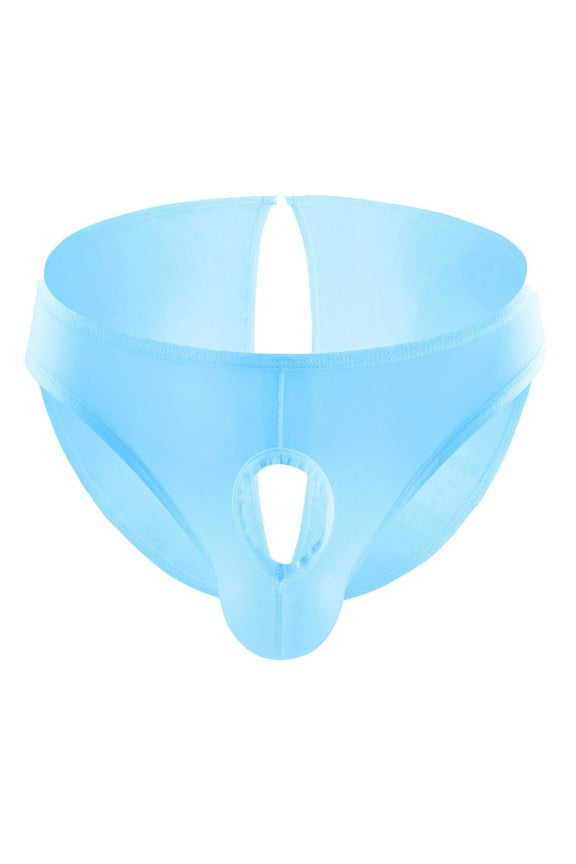 Men's Hole in Front Thongs Lingerie Bulge Enhancing Thong G-String Underwear Pouch Soft Stretch T-Back Underwear Light Blue L