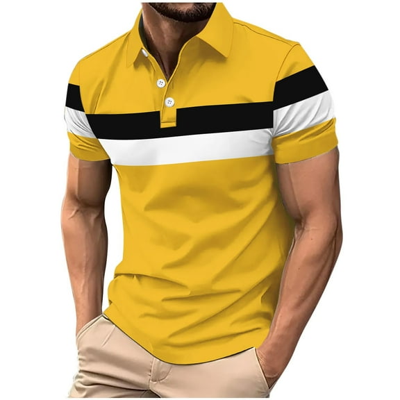 Arnsht Mens Fashion Color Block Pullover Shirts Casual Short Sleeve T Shirt Striped Moisture Wicking Golf Shirts Tops Yellow XL