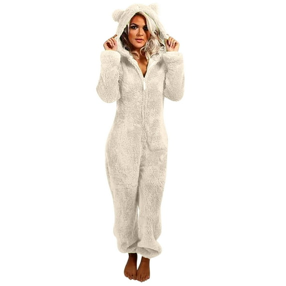 Arnsht One Piece Sherpa Fleece Onesies Pajamas for Women Plush Thick Warm Romper Sleepwear Long Sleeve Full Zip up Jumpsuit Casual Fuzzy Playsuit Loungewear with Cute Cat Ear Hood Beige XXXXXL
