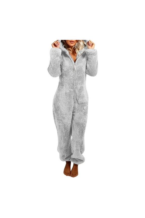 One Piece Sherpa Fleece Onesies Pajamas for Women Plush Thick Warm Romper Sleepwear Long Sleeve Full Zip up Jumpsuit Casual Fuzzy Playsuit Loungewear with Cute Cat Ear Hood Gray#01 S