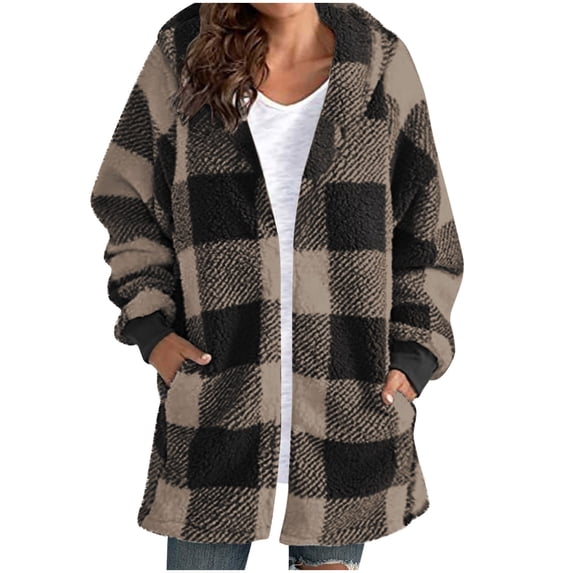 Arnsht Plaid Fleece Jacket Women Mid Length Comfy Fuzzy Open Front Hooded Cardigans Loose Soft Warm Winter Coats with Pockets Brown XXL