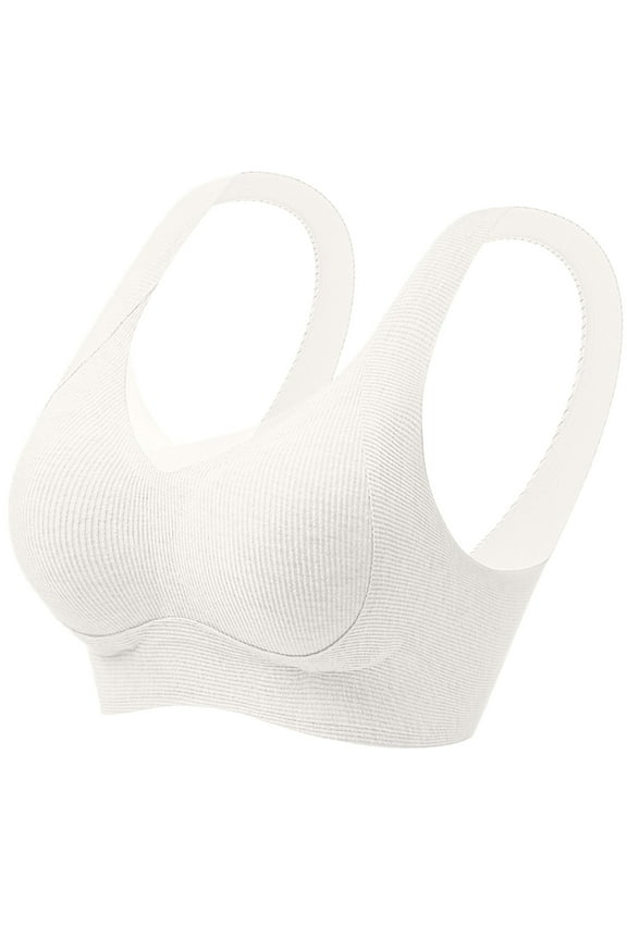 Plus Size Bras for Women V Neck Full Coverage No Underwire Everyday Bras Comfort Wireless Padded Bras Seamless White L