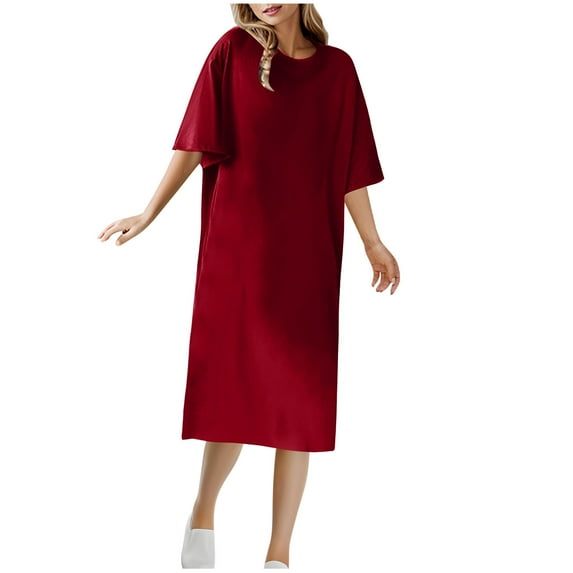 Arnsht Plus Size Shirt Dress for Women Nightgown Short Sleeves T shirt Night Dress Round Neck Womans Nightgown with Pocket Wine M