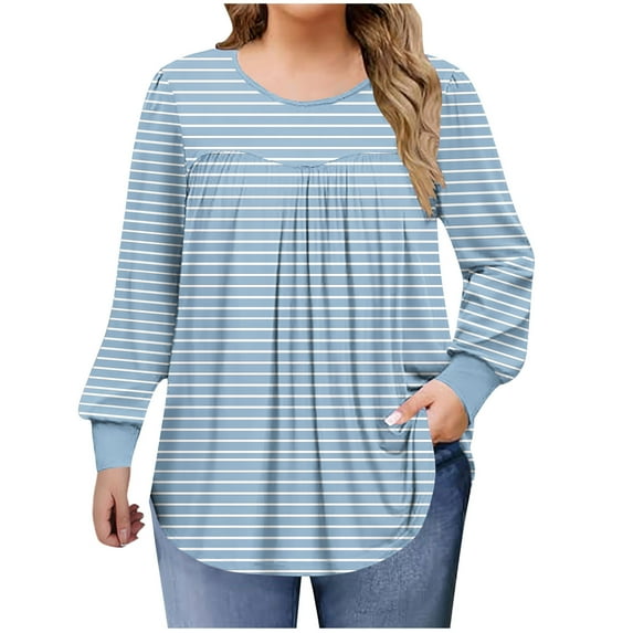 Arnsht Plus Size Tops for Women Fall Long Sleeve Shirts Flowy Tunic Top Pleated Casual Printed Blouses Loose Fit Winter Tees Blue XXXL
