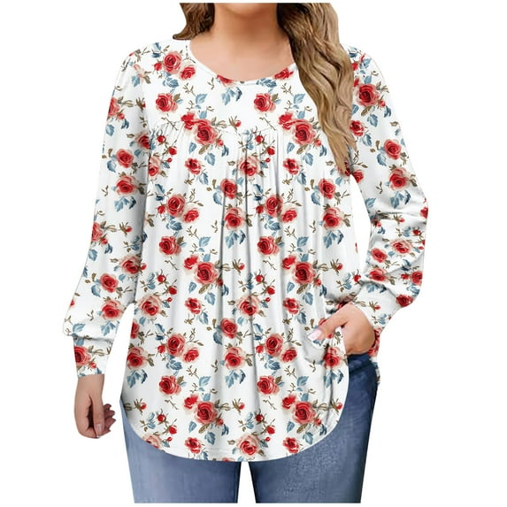Arnsht Plus Size Tops for Women Fall Long Sleeve Shirts Flowy Tunic Top Pleated Casual Printed Blouses Loose Fit Winter Tees White L
