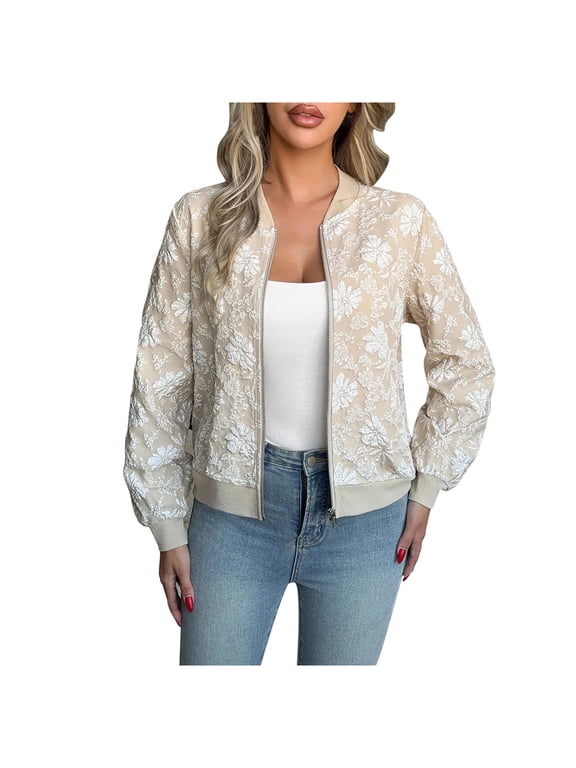 Printed Thin Sunscreen Cropped Bomber Jackets Women Breathable Short Coats Spring Summer Sun Protection Outwear Casual White M
