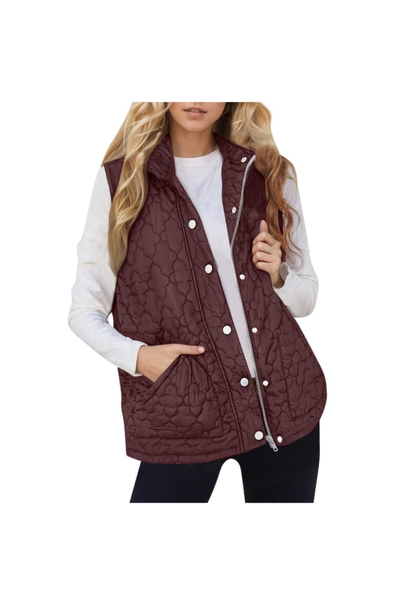 Puffer Vest for Women Quilted Stand Collar Zip Up Snap Button Coat Winter Trendy Puffy Sleeveless Jacket with Pockets Red XXL