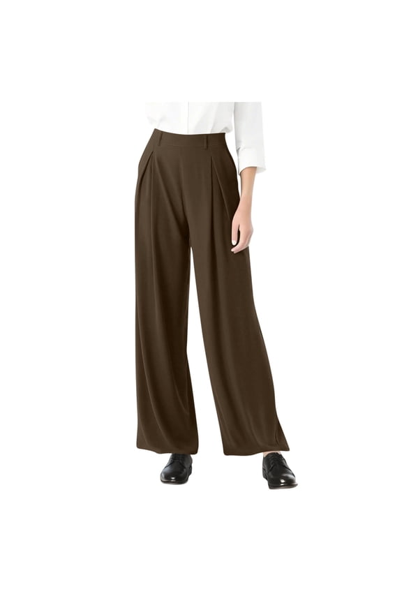 Pull On Dress Pants for Women Plus Size Wide Leg Palazzo Pants Dressy Casual Slacks Elastic High Waisted Trousers Brown L