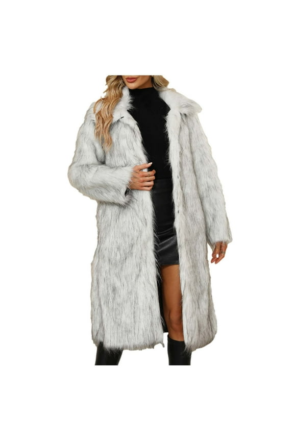 (S-4XL) Plus Size Womens Winter Warm Leopard Faux Furry Long Length Luxury Outerwear Long Sleeved Coat Jacket Gray XXXXL
