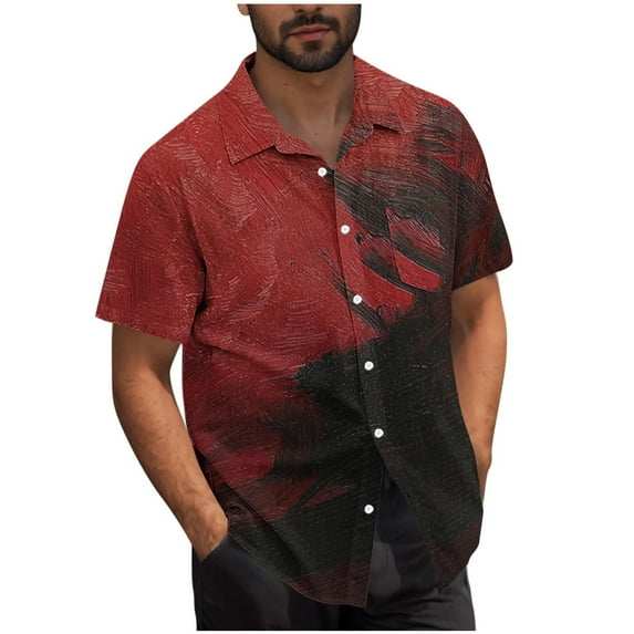 Arnsht (S-5XL) Big and Tall Men's Cotton Linen Shirts Lapel Button Down Short Sleeve Dress Shirt Casual Summer Shirt Tops Red XL