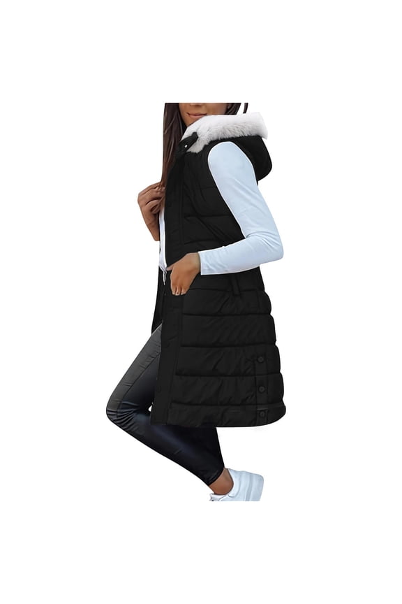 (S-5XL) Plus Size Long Puffer Vest for Women Fuzzy Fleece Sleeveless Zip Up Hooded Jacket Sherpa Lined Padded Vests Warm Winter Coats Black XXL