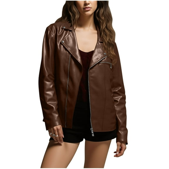 Arnsht (S-5XL) Plus Size Women's Faux Leather Jacket Long Sleeve Zipper Coat Vintage Biker Motorcycle Jackets Faux Leather Outwear Brown XXL