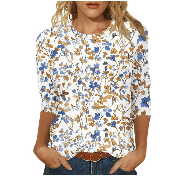 Arnsht (S-5XL) Plus Size Women's Hawaiian Style Blouses 3/4 Sleeve Round Neck Pullover Loose Breathable Fashion Top Brown XXXL