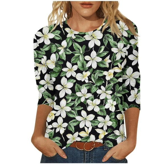 Arnsht (S-5XL) Plus Size Women's Hawaiian Style Blouses 3/4 Sleeve Round Neck Pullover Loose Breathable Fashion Top Green M