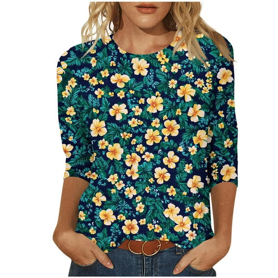 Arnsht (S-5XL) Plus Size Women's Hawaiian Style Blouses 3/4 Sleeve Round Neck Pullover Loose Breathable Fashion Top Green XL