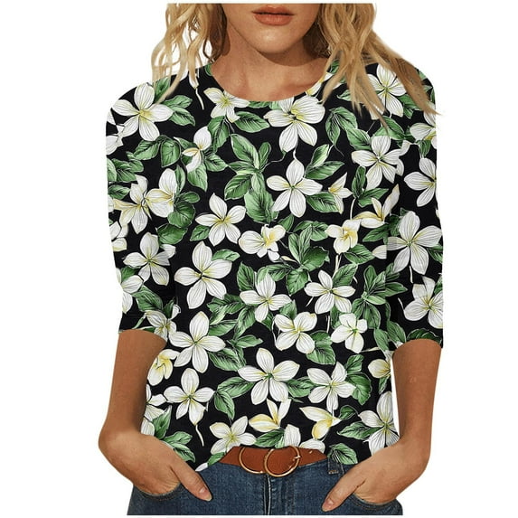 Arnsht (S-5XL) Plus Size Women's Hawaiian Style Blouses 3/4 Sleeve Round Neck Pullover Loose Breathable Fashion Top Green XXXXL