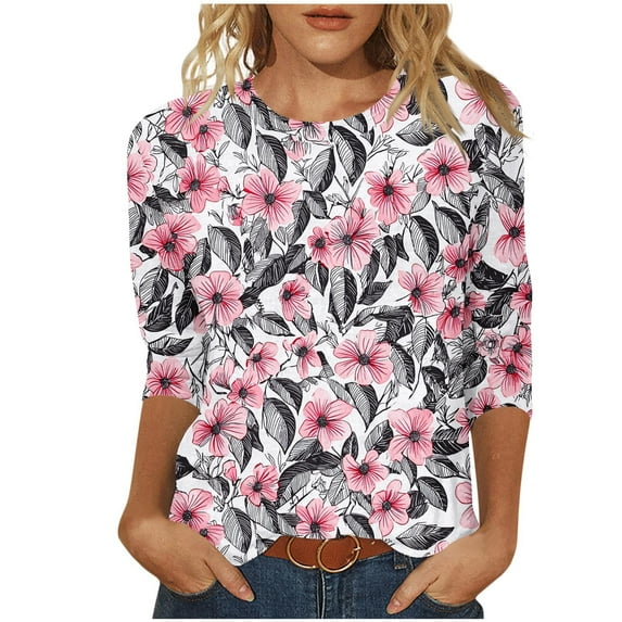 Arnsht (S-5XL) Plus Size Women's Hawaiian Style Blouses 3/4 Sleeve Round Neck Pullover Loose Breathable Fashion Top Pink XXL