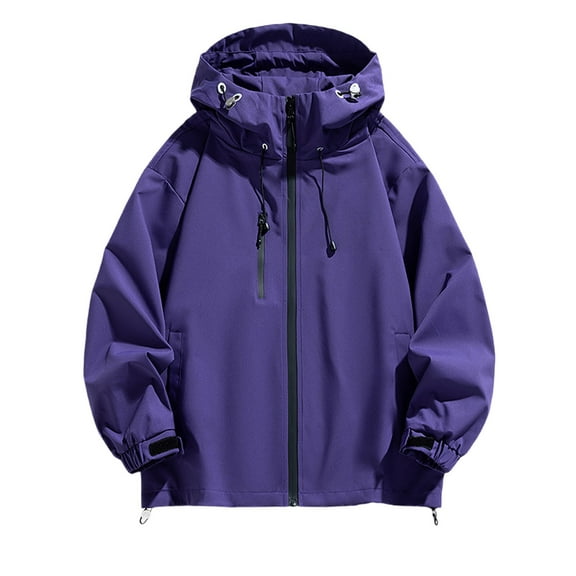 Arnsht (S-5XL) Plus Size Women's Lightweight Outdoor Solid Color Hiking Pocket Zipper Outerwear Wind-Proof Hooded Jacket Purple XXXXL
