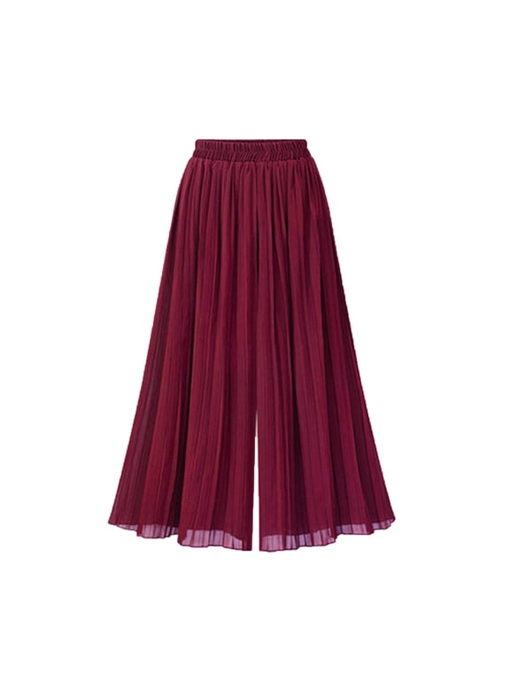 (S-5XL) Plus Size Women's Solid Color Elastic Waist A-Line Pleated Chiffon Cropped Wide Leg Pants Culottes Red L