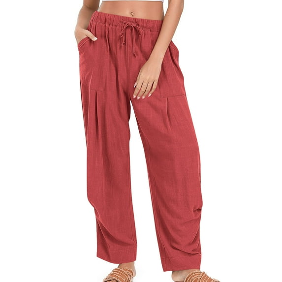 Arnsht (S-5XL) Plus Size Womens Linen Pants Casual Solid Color Straight Fit Elastic Waisted Drawsting Trousers with Pockets Red M
