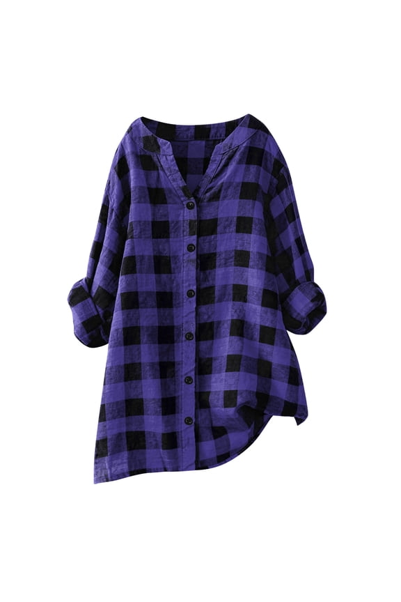(S-5XL)Women's Plus Size Flannel Shirts Plaid Long Sleeve Button Down Shacket Casual V Neck Oversized Tops Spring Fall Clothes Purple XXXL