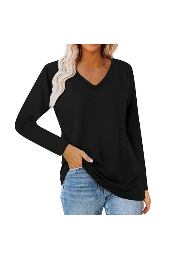 (S-5XL) Womens Plus Size Solid Color V Neck Long Sleeve Shirts Casual Curved Hem Tunic Tops Basic Loose Fit T Shirts Tees Black XL