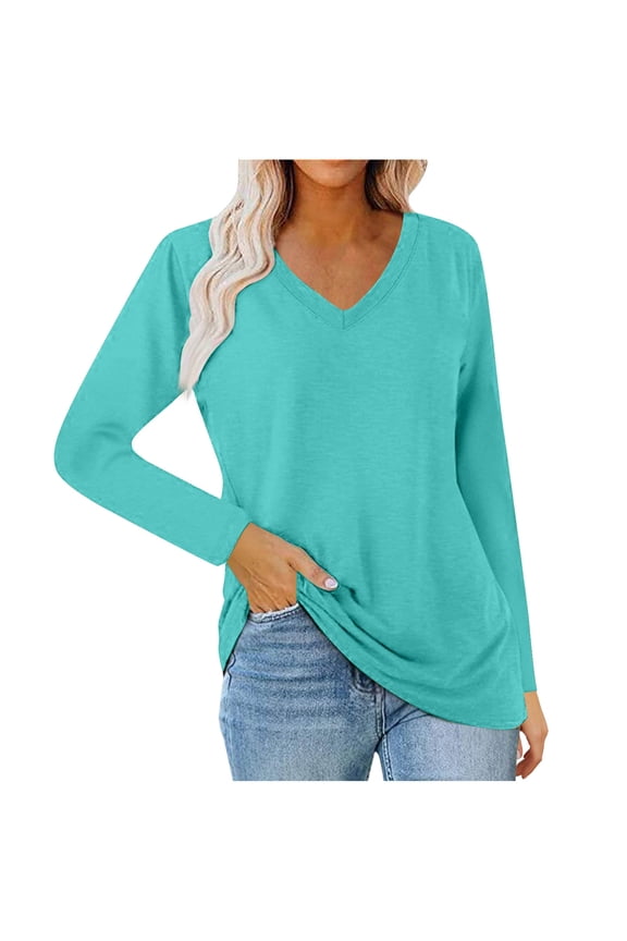 (S-5XL) Womens Plus Size Solid Color V Neck Long Sleeve Shirts Casual Curved Hem Tunic Tops Basic Loose Fit T Shirts Tees Blue L