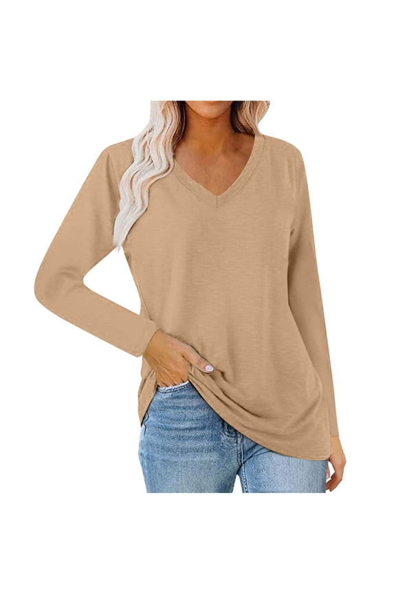 (S-5XL) Womens Plus Size Solid Color V Neck Long Sleeve Shirts Casual Curved Hem Tunic Tops Basic Loose Fit T Shirts Tees Yellow L