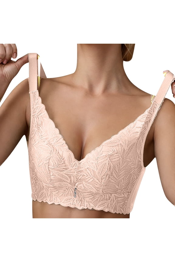 Small Bust Thick Padded Wireless Bra Soft Comfort Breathable Underwear Gathering Daily Bra Lace Non-Steel Ring Bra Pink L