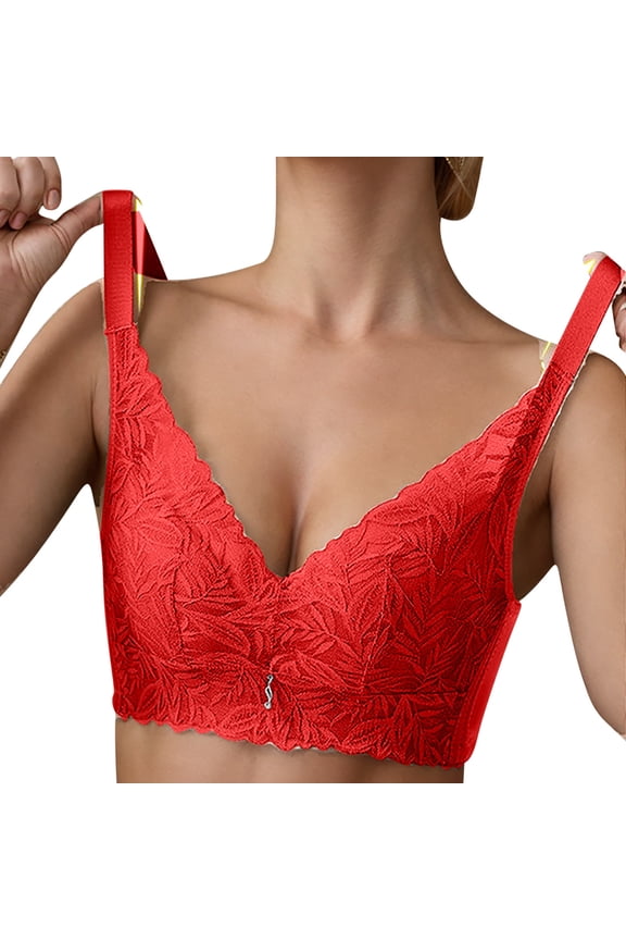 Small Bust Thick Padded Wireless Bra Soft Comfort Breathable Underwear Gathering Daily Bra Lace Non-Steel Ring Bra Red L