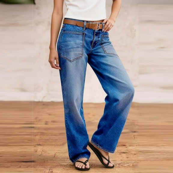 Arnsht Straight Leg Jeans for Women Trendy Mid Rise Stretchy Patch Pocket Baggy Jeans Casual Without Belt Blue S