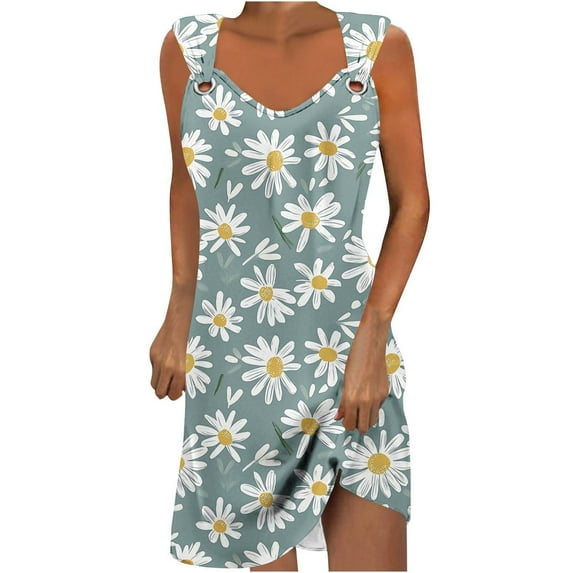 Arnsht Summer Dresses for Women Floral Printed Sleeveless Casual Sundresses Loose Beach Cover Ups Trendy Tank Midi Sun Dress Green L