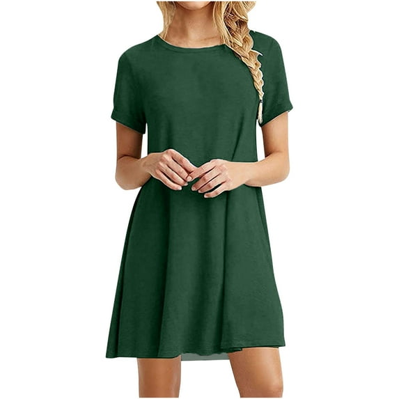 Arnsht Summer Dresses for Women Solid Color Cotton Linen Casual T Shirt Crewneck Petal Sleeve Swing Vacation Dress Green XXL