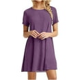 thumbnail image 1 of Arnsht Summer Dresses for Women Solid Color Cotton Linen Casual T Shirt Crewneck Petal Sleeve Swing Vacation Dress Purple S, 1 of 3