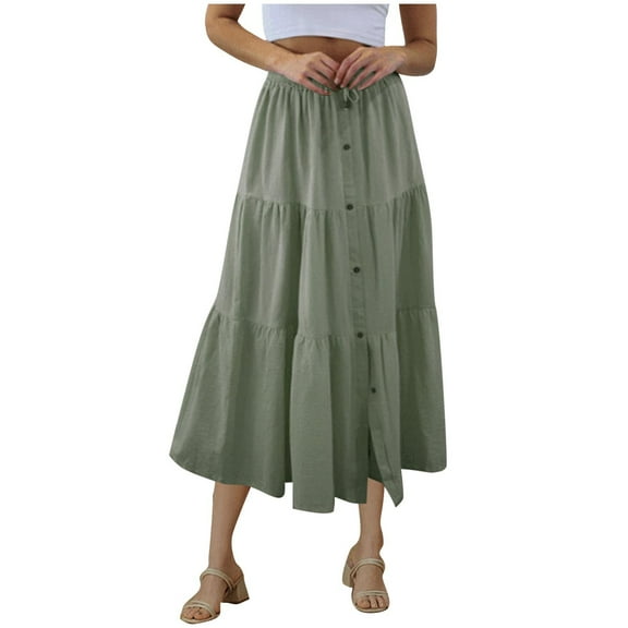 Arnsht Summer Solod Color Skirts for Women Elastic Waist Tiered Maxi Skirt Long Flowy Beach Skirt with Pocket Green M