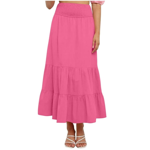 Arnsht Summer Solod Color Skirts for Women Elastic Waist Tiered Maxi Skirt Long Flowy Beach Skirt with Pocket Pink L