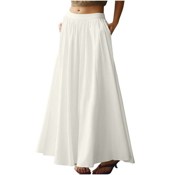 Arnsht Summer Solod Color Skirts for Women Elastic Waist Tiered Maxi Skirt Long Flowy Beach Skirt with Pocket White L