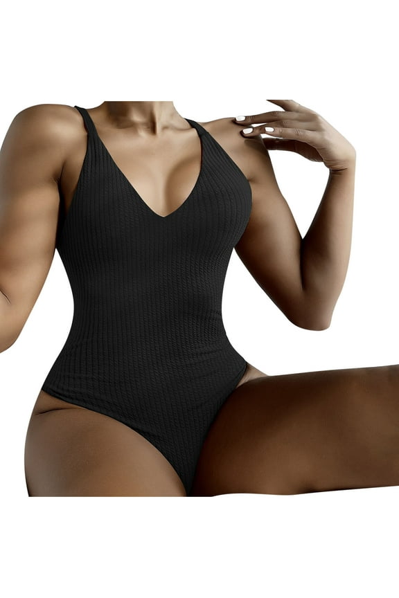 Swimsuits for Women Solid One-Piece Swimsuit U Back Soft Comfortable Retro Crinkle Fabric Bathing Suit High Cut Swimwear Black L