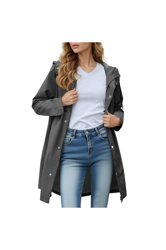 Trends Packable Waterproof Rain Jacket Women with Hood Button Pocket Raincoat Windbreaker Long Hooded Trench Coats Gray XL