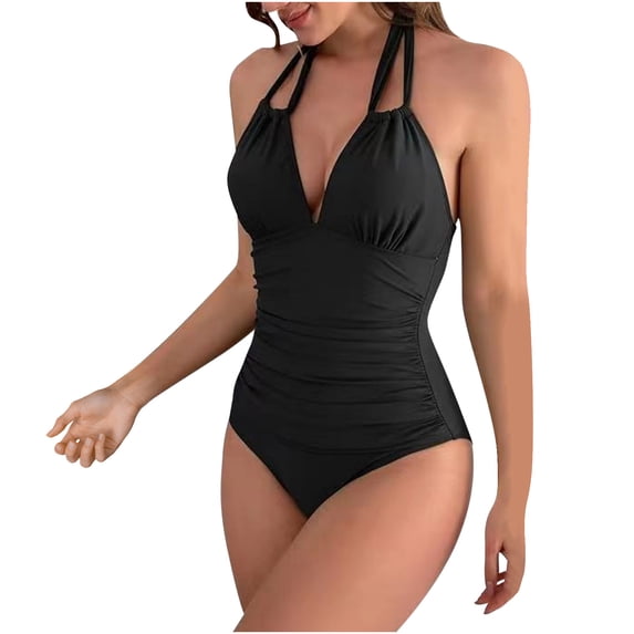 Arnsht Tummy Control Swimsuits for Women Slimming One Piece Bathing Suit Retro Ruched Push Up Vintage Solid Color Swimwear With Chest Pad Black S